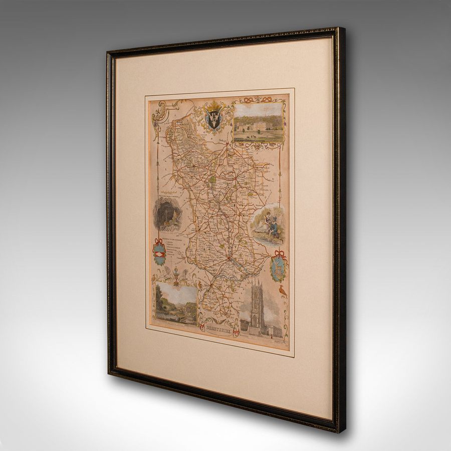 Antique Antique Lithography Map, Derbyshire, English, Framed Cartography, Victorian