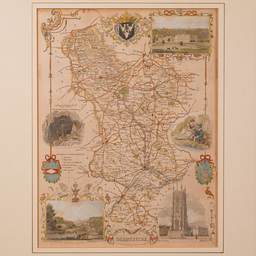 Antique Antique Lithography Map, Derbyshire, English, Framed Cartography, Victorian