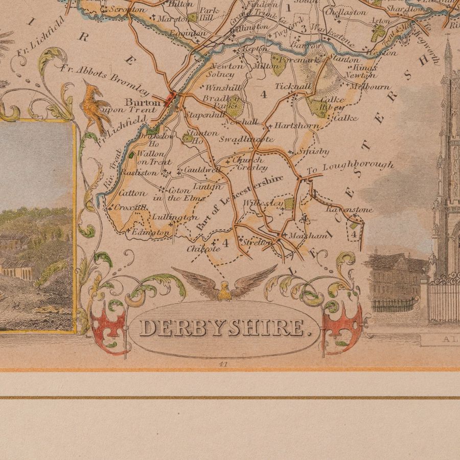 Antique Antique Lithography Map, Derbyshire, English, Framed Cartography, Victorian