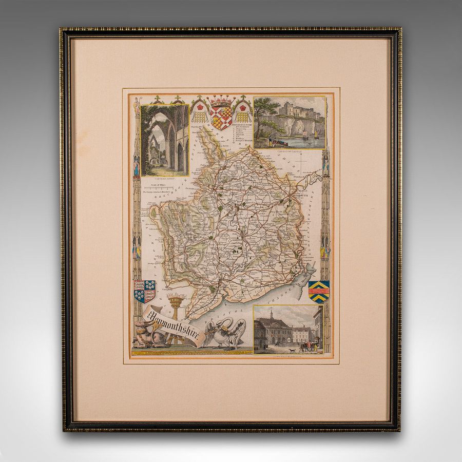 Antique Antique Lithography Map, Monmouthshire, Framed, Welsh Cartography, Victorian