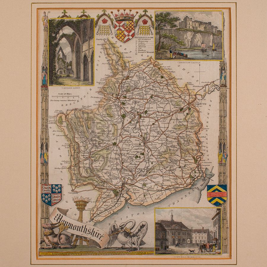 Antique Antique Lithography Map, Monmouthshire, Framed, Welsh Cartography, Victorian