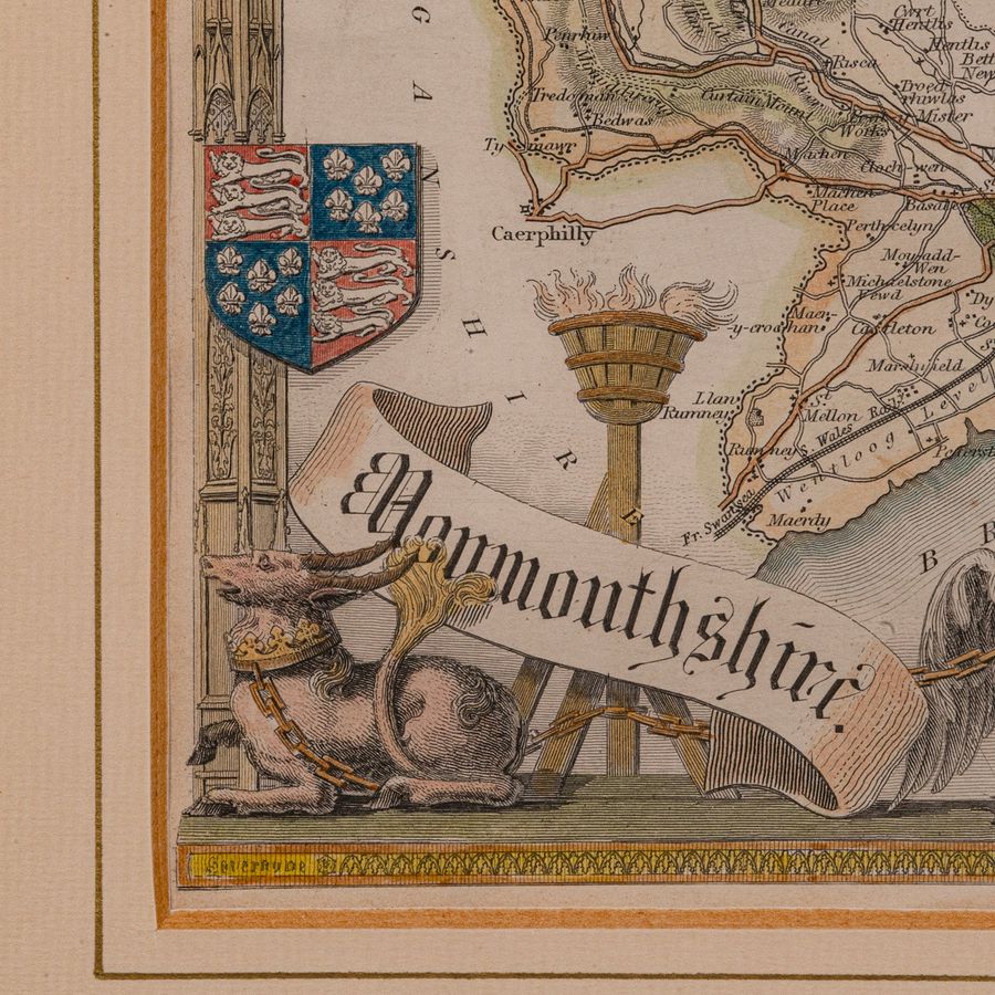 Antique Antique Lithography Map, Monmouthshire, Framed, Welsh Cartography, Victorian