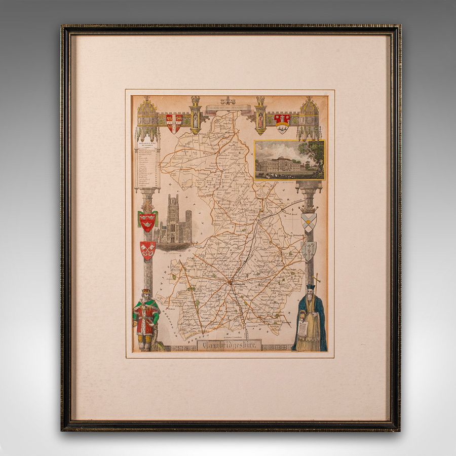 Antique Antique Lithography Map, Cambridgeshire, English, Framed Cartography, Victorian