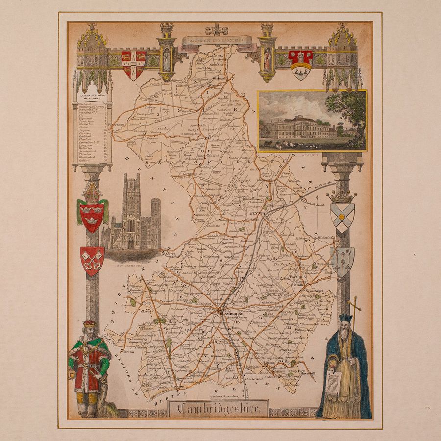 Antique Antique Lithography Map, Cambridgeshire, English, Framed Cartography, Victorian