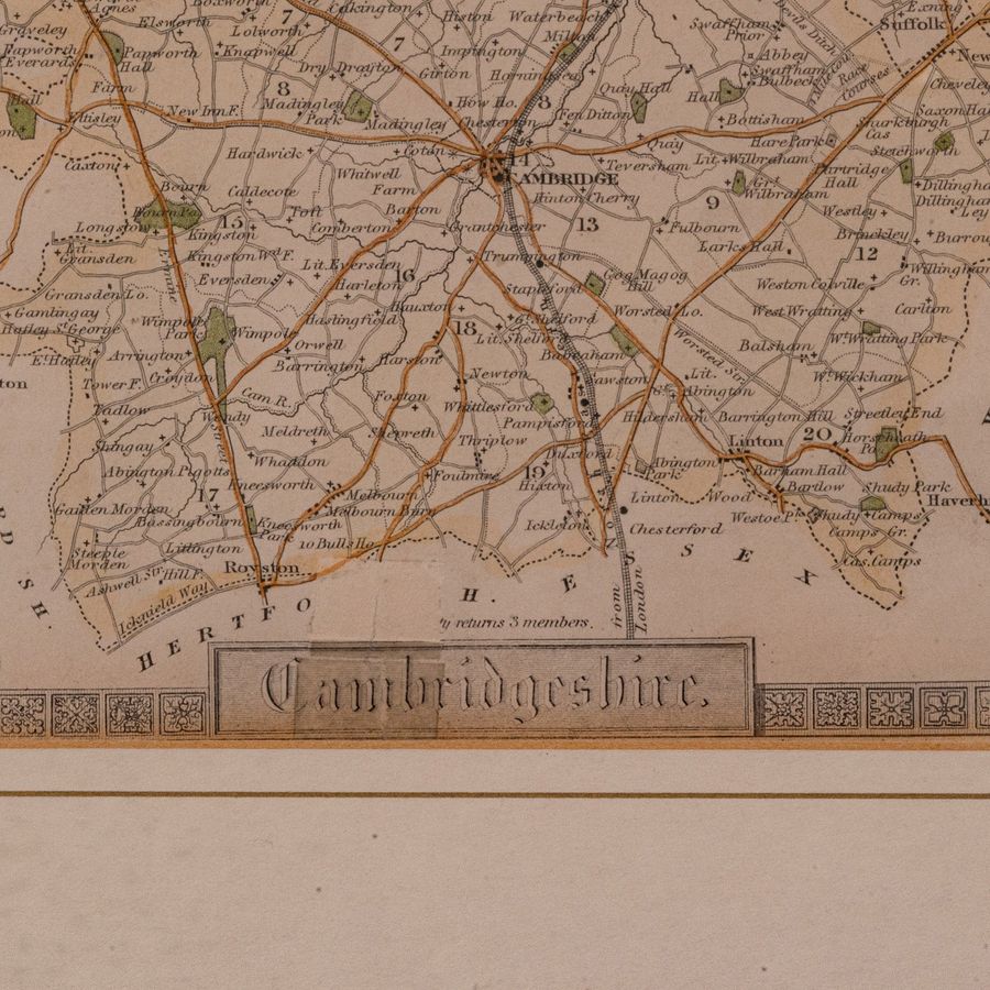 Antique Antique Lithography Map, Cambridgeshire, English, Framed Cartography, Victorian