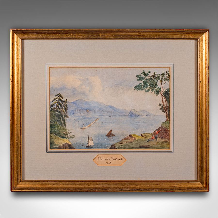 Antique Antique Landscape Painting, Plymouth Breakwater, Framed Watercolour, Victorian