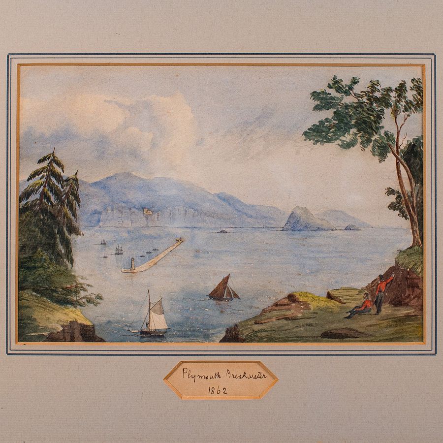 Antique Antique Landscape Painting, Plymouth Breakwater, Framed Watercolour, Victorian