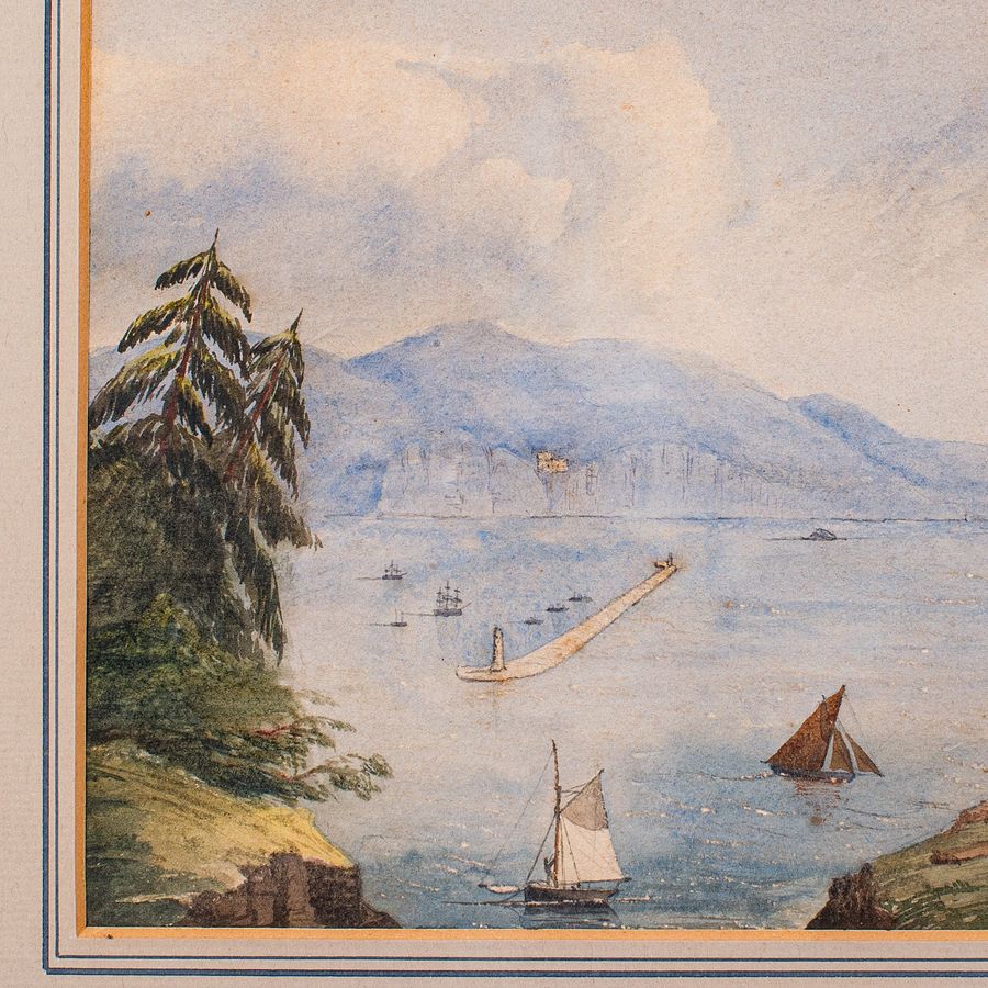 Antique Antique Landscape Painting, Plymouth Breakwater, Framed Watercolour, Victorian