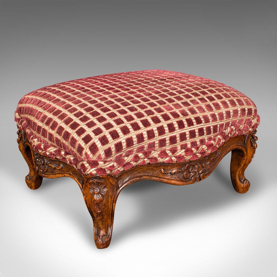 Antique Footstool, English, Walnut, Textile, Bedroom, Lounge Stool, Victorian