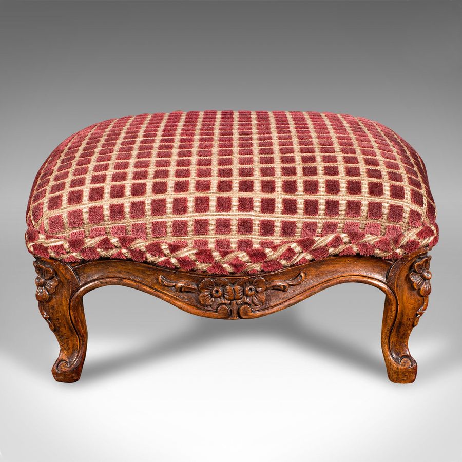 Antique Antique Footstool, English, Walnut, Textile, Bedroom, Lounge Stool, Victorian