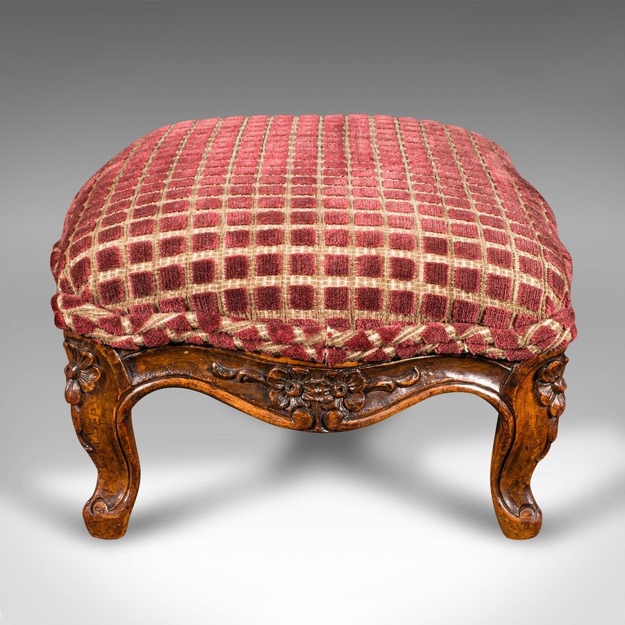 Antique Antique Footstool, English, Walnut, Textile, Bedroom, Lounge Stool, Victorian