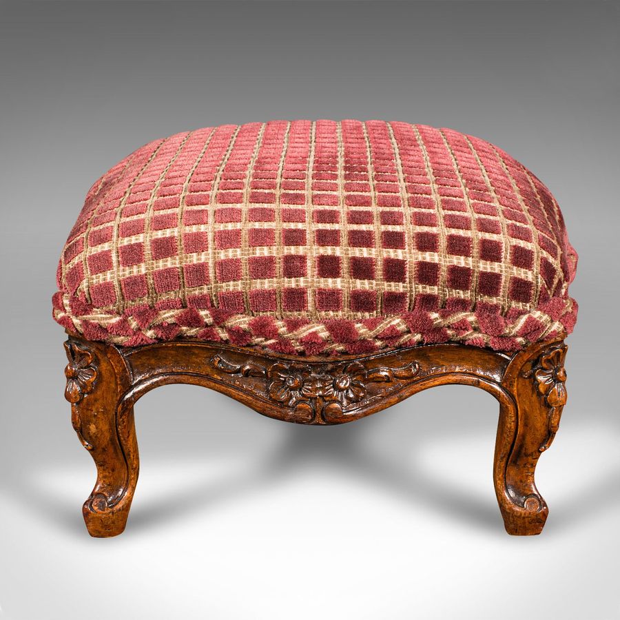 Antique Antique Footstool, English, Walnut, Textile, Bedroom, Lounge Stool, Victorian