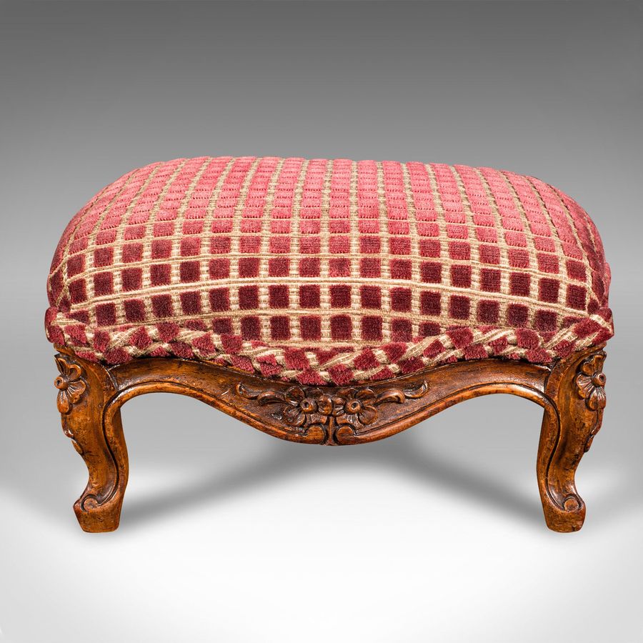 Antique Antique Footstool, English, Walnut, Textile, Bedroom, Lounge Stool, Victorian