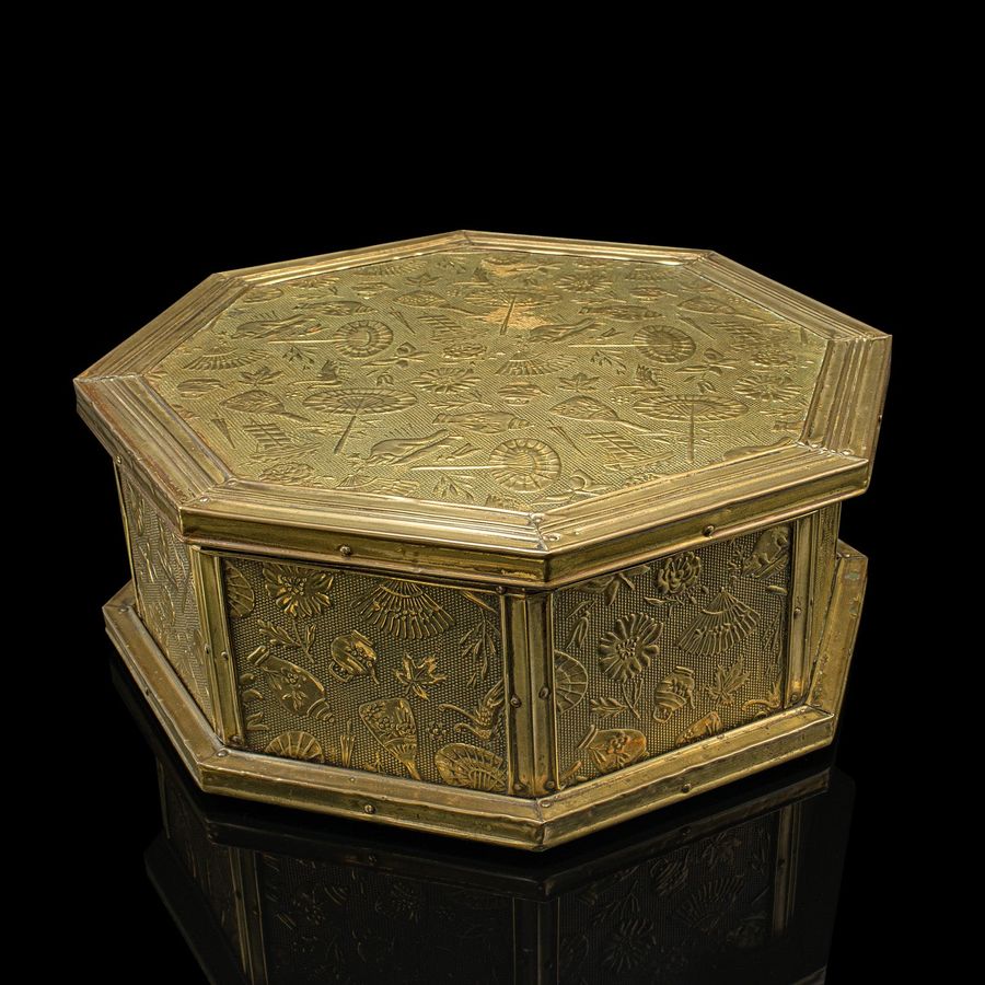 Antique Octagonal Sewing Box, English, Brass, Workbox, Relief Decor, Edwardian