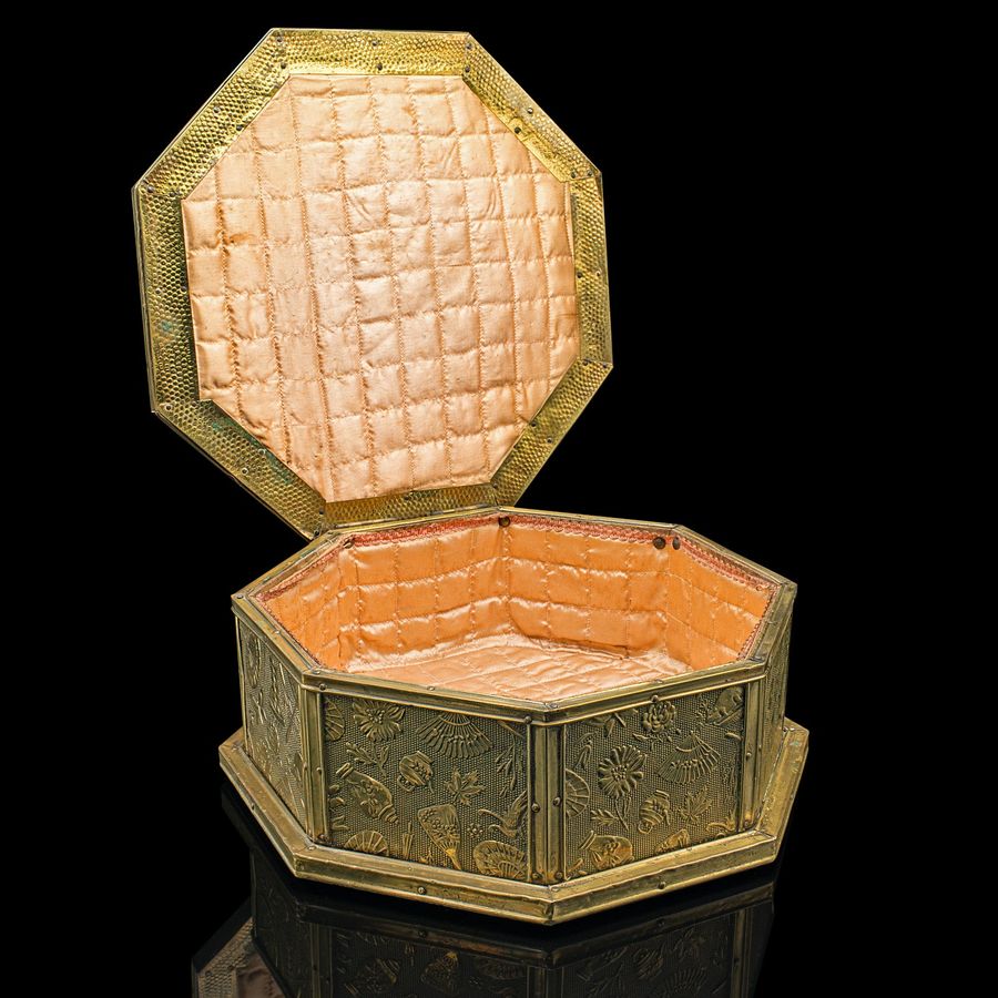 Antique Antique Octagonal Sewing Box, English, Brass, Workbox, Relief Decor, Edwardian