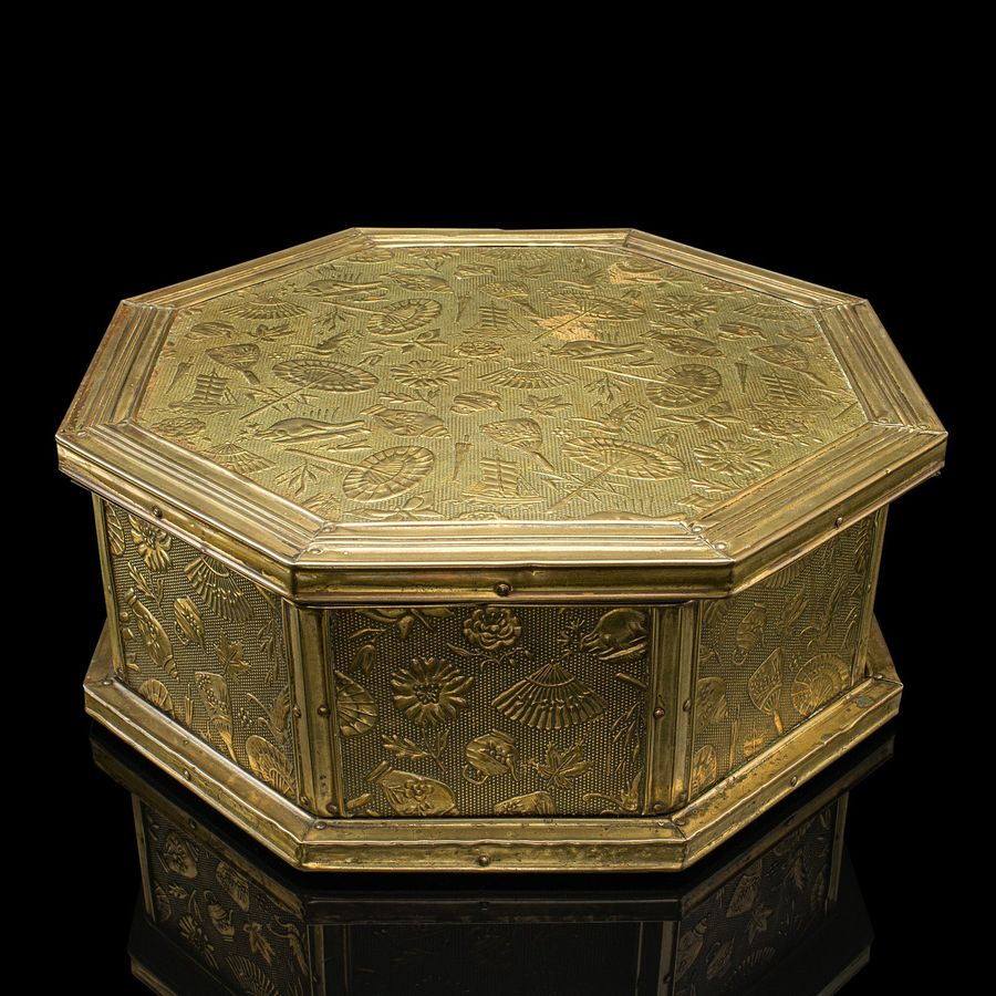 Antique Antique Octagonal Sewing Box, English, Brass, Workbox, Relief Decor, Edwardian