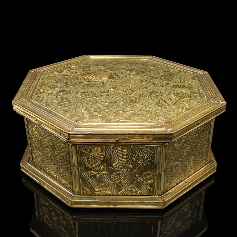 Antique Antique Octagonal Sewing Box, English, Brass, Workbox, Relief Decor, Edwardian