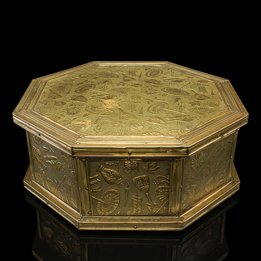 Antique Antique Octagonal Sewing Box, English, Brass, Workbox, Relief Decor, Edwardian