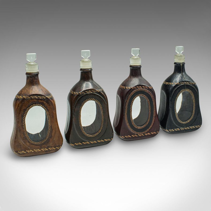 Set Of 4 Antique Spirit Bottles, English, Leather, Glass Decanter, Victorian