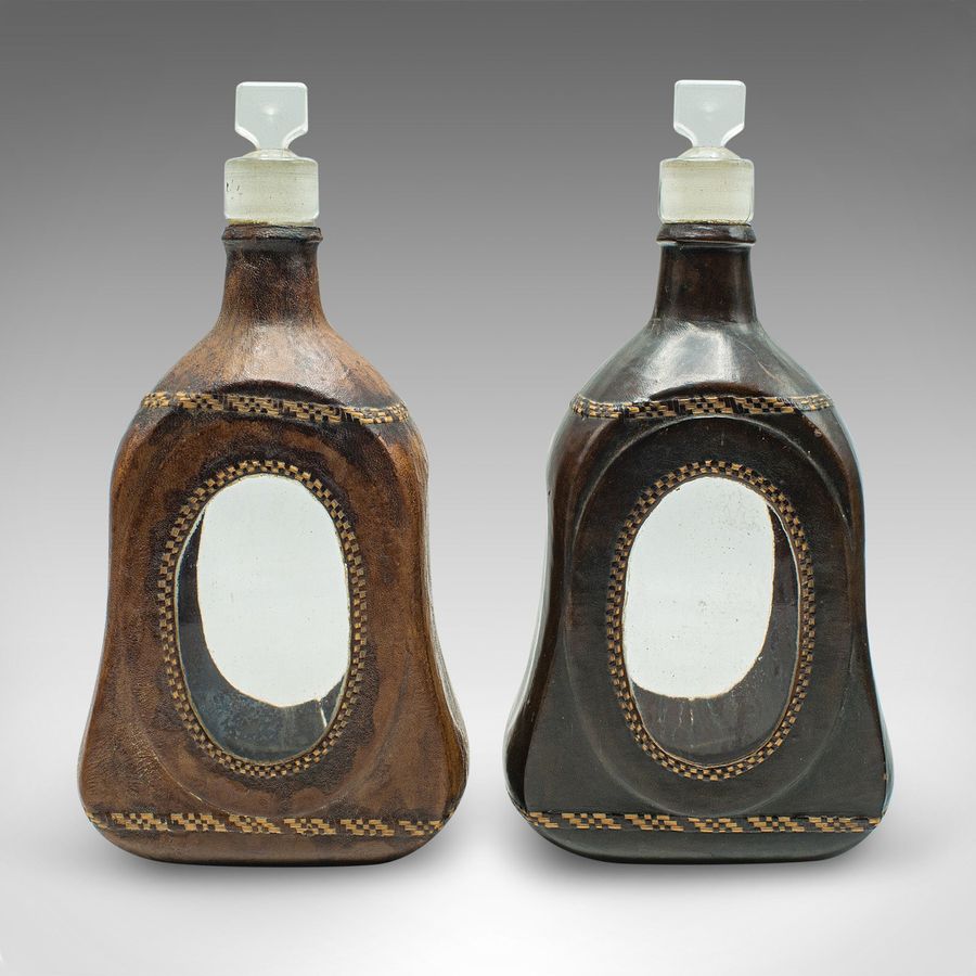 Antique Set Of 4 Antique Spirit Bottles, English, Leather, Glass Decanter, Victorian