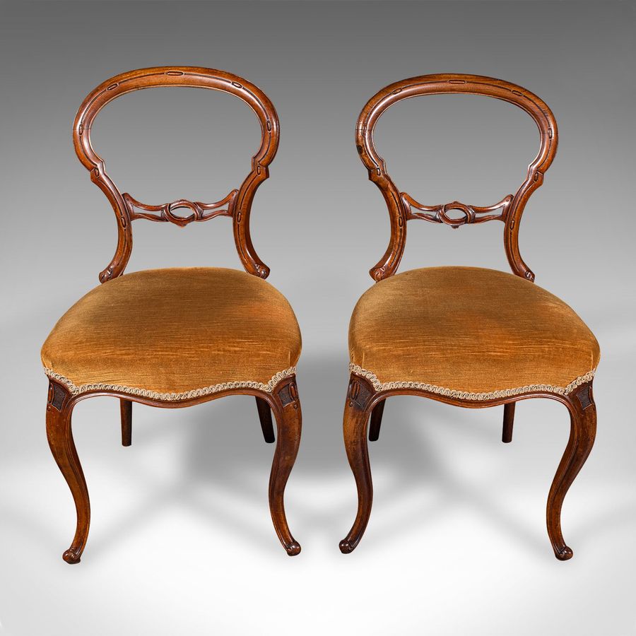 Antique Pair Of Antique Side Chairs, English, Walnut, Buckle Back Seat, Early Victorian