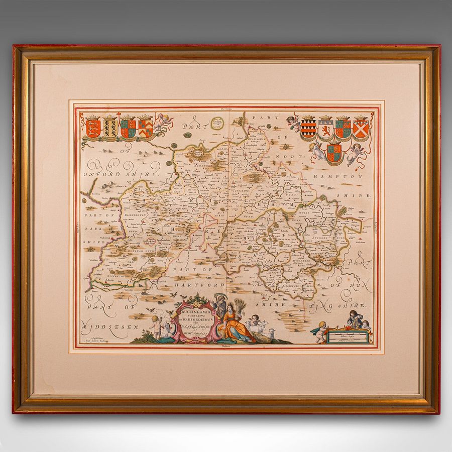 Antique Antique County Map, Buckinghamshire, Bedfordshire, Dutch, Framed, Janssonius