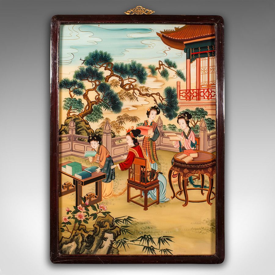 Antique Antique Oriental Art Scene, Chinese, Reverse Painting, Glass Panel, Victorian