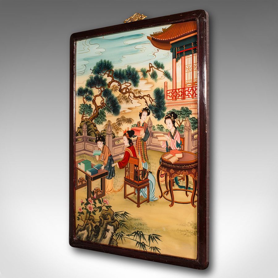 Antique Antique Oriental Art Scene, Chinese, Reverse Painting, Glass Panel, Victorian