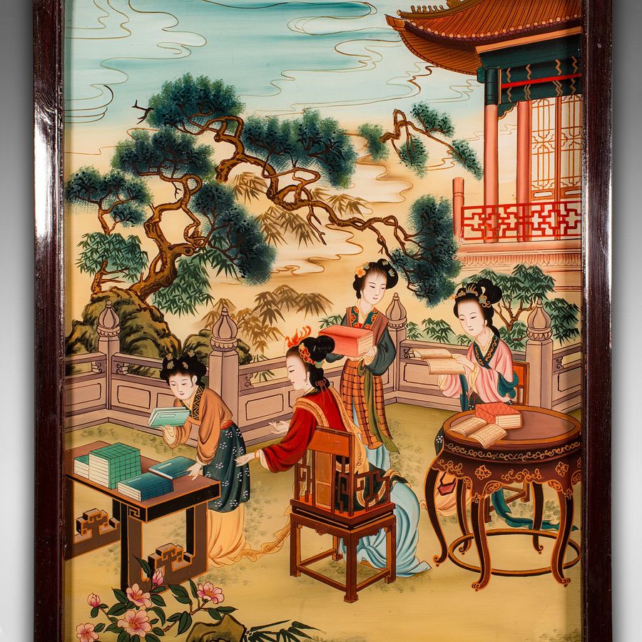 Antique Antique Oriental Art Scene, Chinese, Reverse Painting, Glass Panel, Victorian