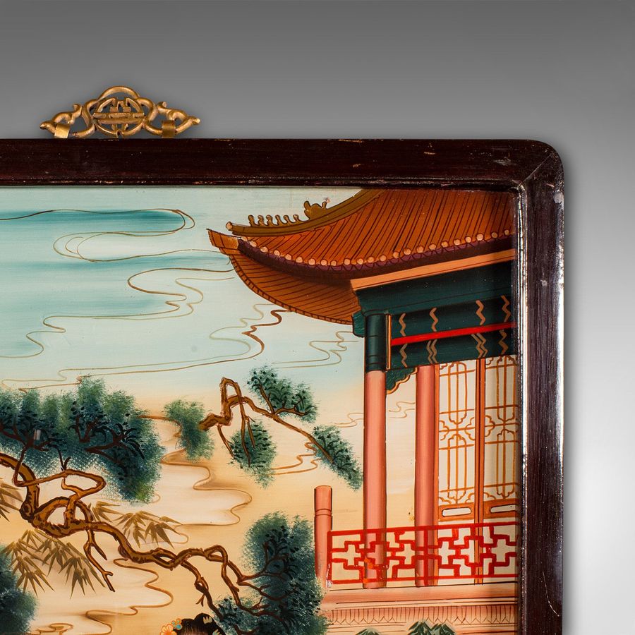 Antique Antique Oriental Art Scene, Chinese, Reverse Painting, Glass Panel, Victorian