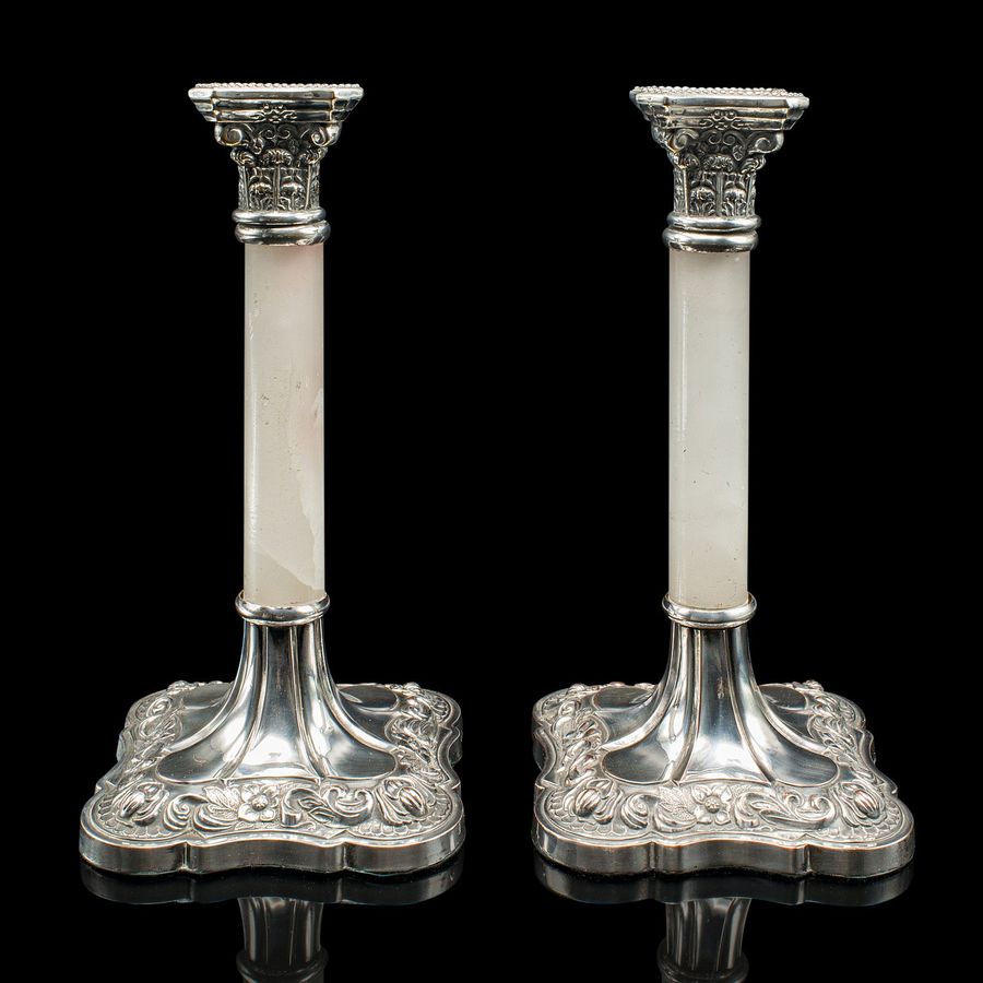 Antique Pair Of Antique Mantlepiece Candlesticks, English, Silver Plate, Victorian, 1900