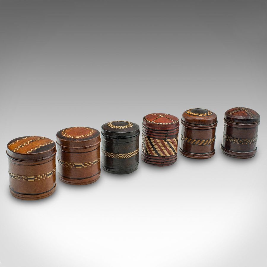 Set Of 6 Small Antique Storage Tins, English, Leather, Cigarette Pot, Circa 1920