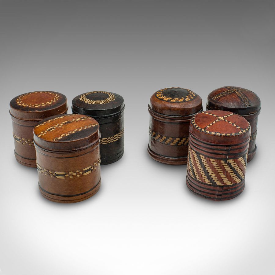 Antique Set Of 6 Small Antique Storage Tins, English, Leather, Cigarette Pot, Circa 1920