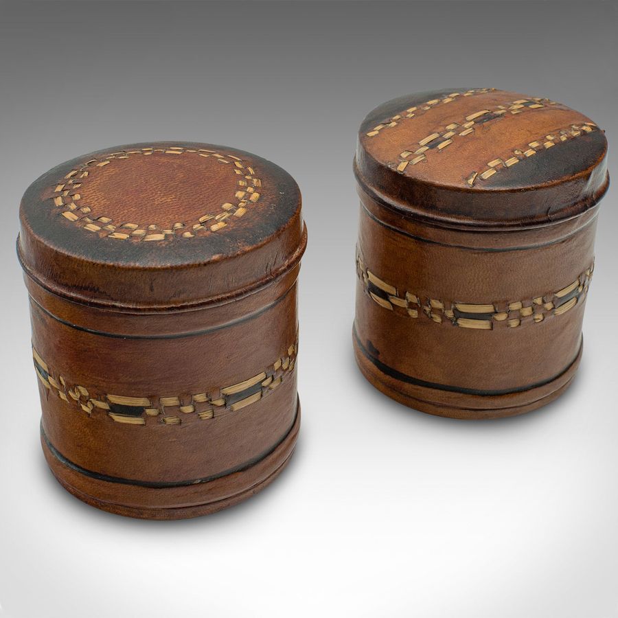 Antique Set Of 6 Small Antique Storage Tins, English, Leather, Cigarette Pot, Circa 1920