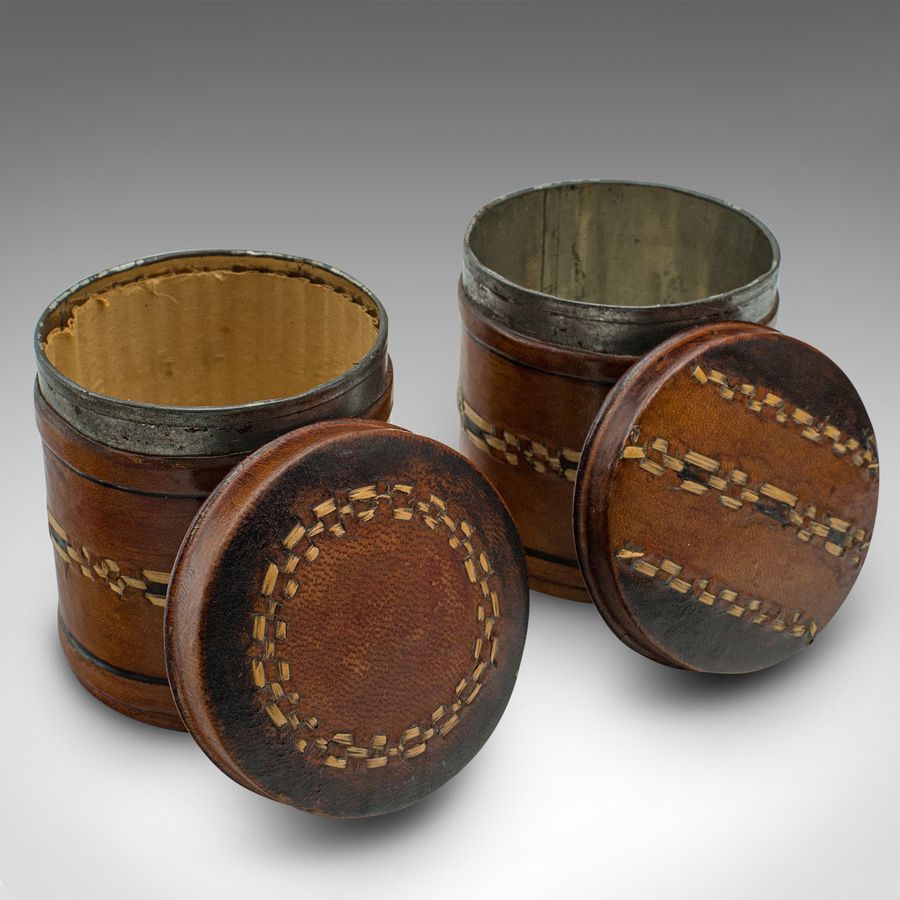 Antique Set Of 6 Small Antique Storage Tins, English, Leather, Cigarette Pot, Circa 1920