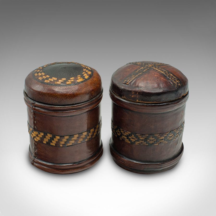 Antique Set Of 6 Small Antique Storage Tins, English, Leather, Cigarette Pot, Circa 1920