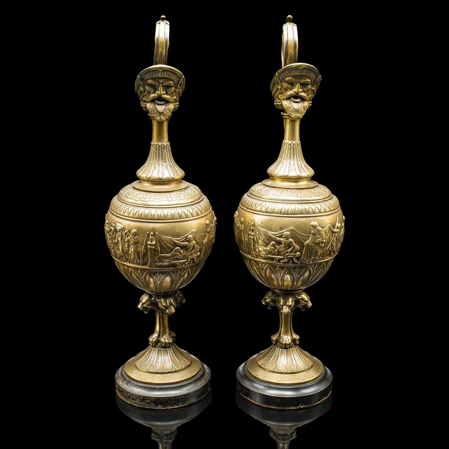 Antique Pair Of Antique Ornamental Ewers, Italian, Bronze, Grand Tour, Victorian, C.1850