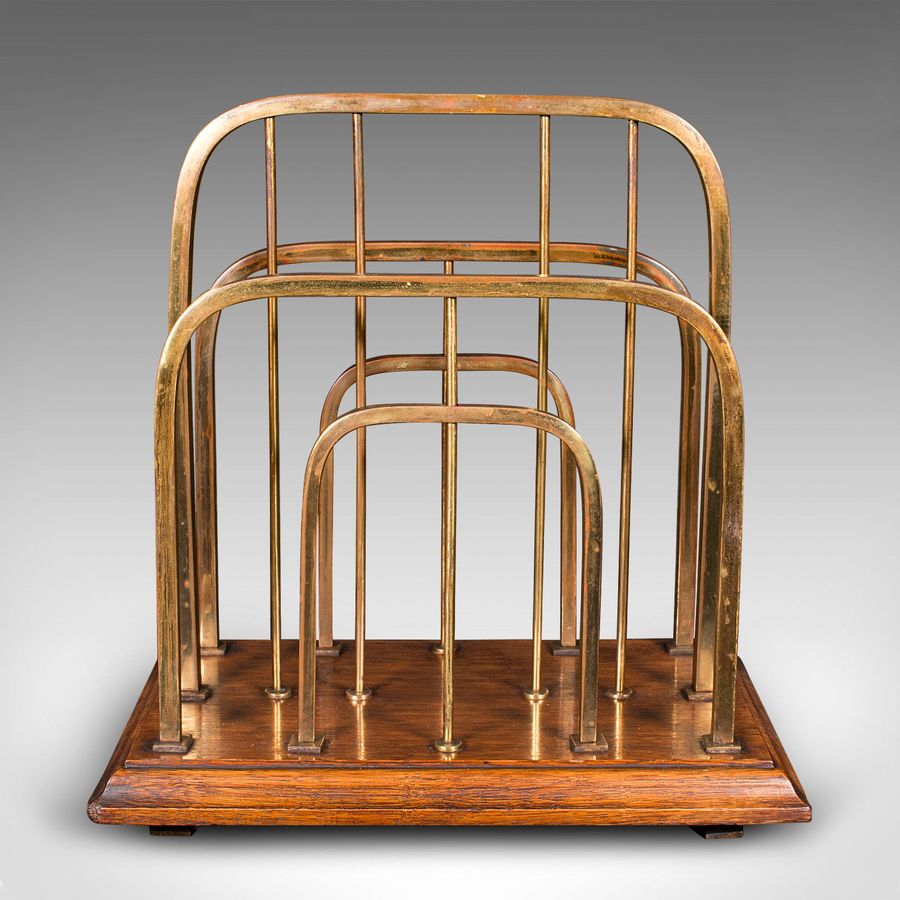 Antique Antique Chairside Newspaper Rack, English, Oak, Brass, Magazine Stand, Edwardian