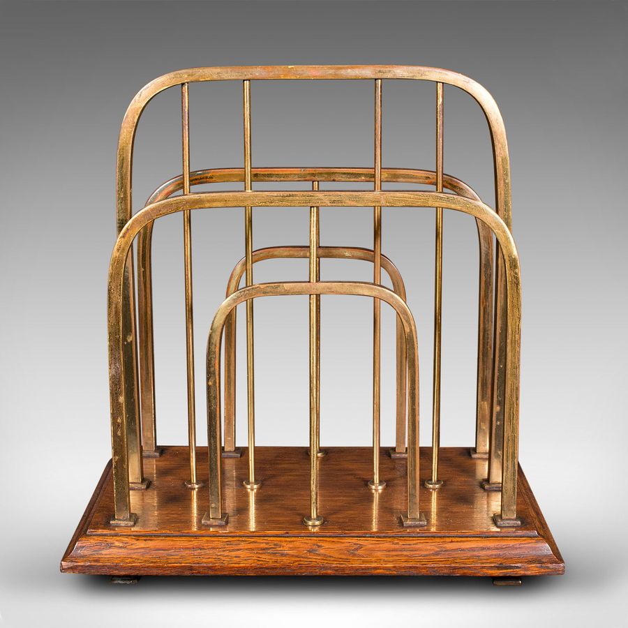 Antique Antique Chairside Newspaper Rack, English, Oak, Brass, Magazine Stand, Edwardian