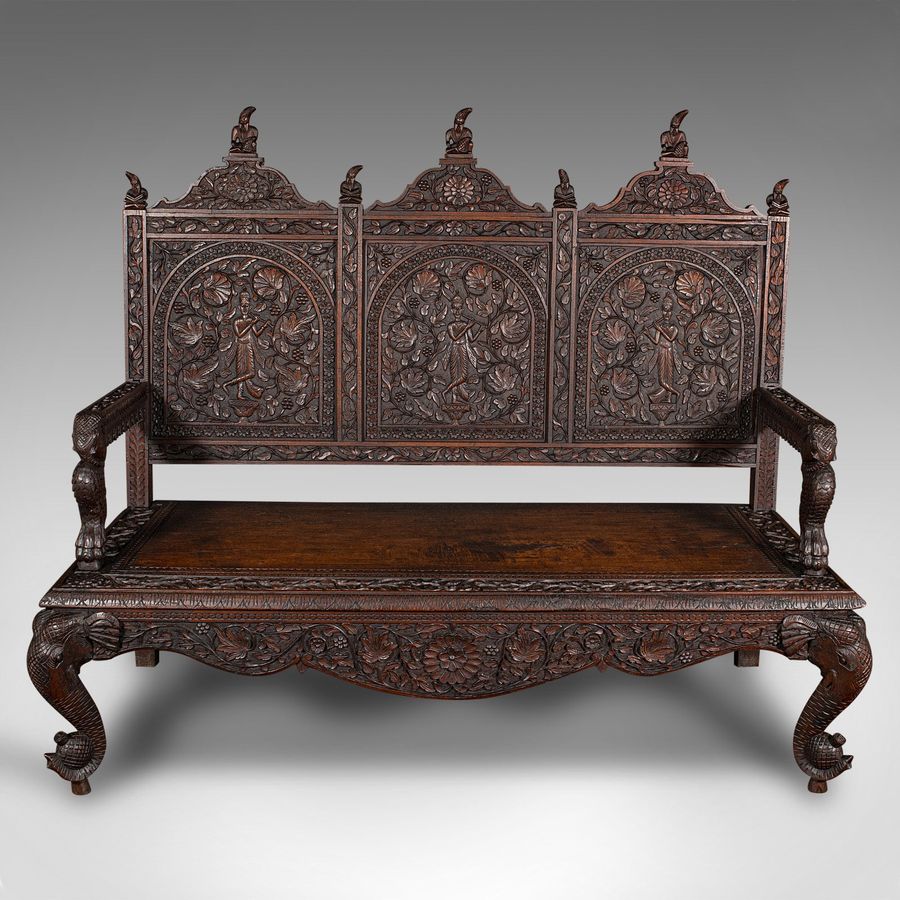 Antique Large Antique Veranda Bench, Ceylon, Teak, 3 Seater, Ornate Seat, Victorian