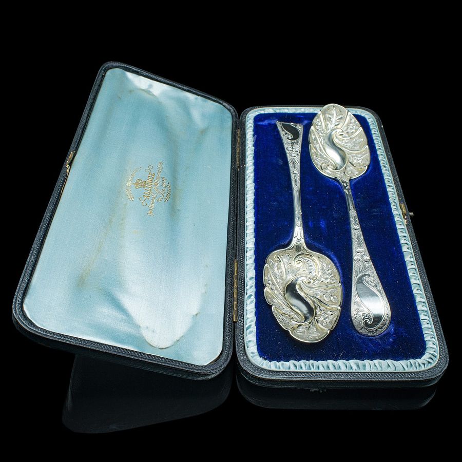 Antique Pair Of Antique Dessert Spoons, English, Silver, Trifle, Hallmarked, Georgian