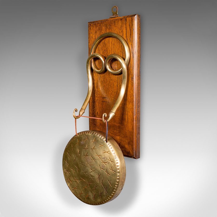 Antique Antique Mounted Gong, English, Oak, Brass, Dinner Chime, Edwardian, Circa 1910