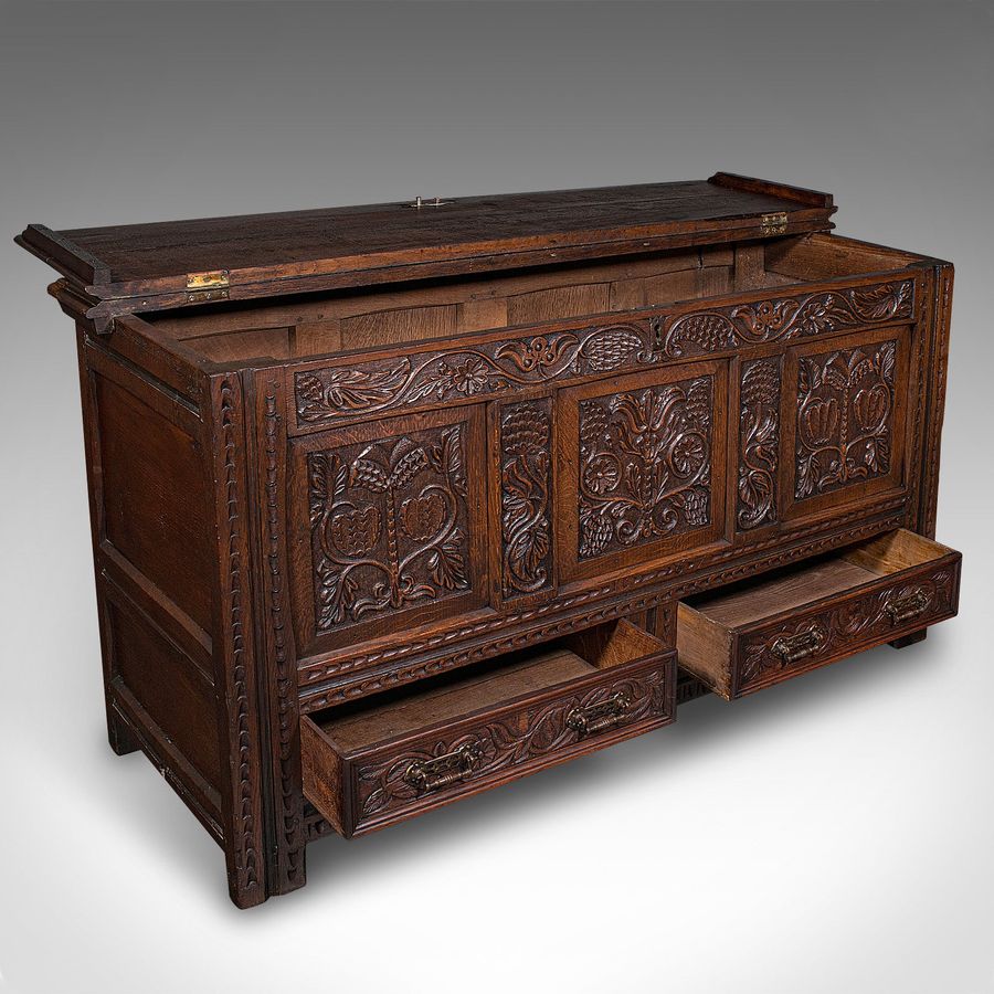 Antique Large Antique Mule Chest, English, Carved Oak, Coffer, William III, Circa 1700