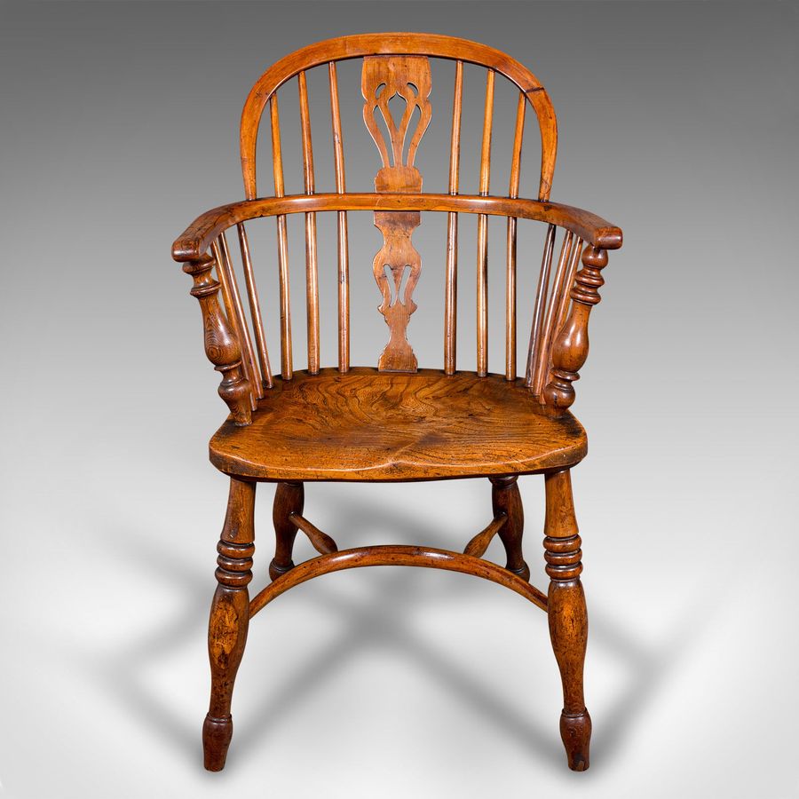 Antique Antique Low Back Windsor Chair, English, Elm, Yew, Elbow, Armchair, Victorian