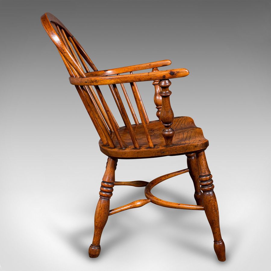 Antique Antique Low Back Windsor Chair, English, Elm, Yew, Elbow, Armchair, Victorian