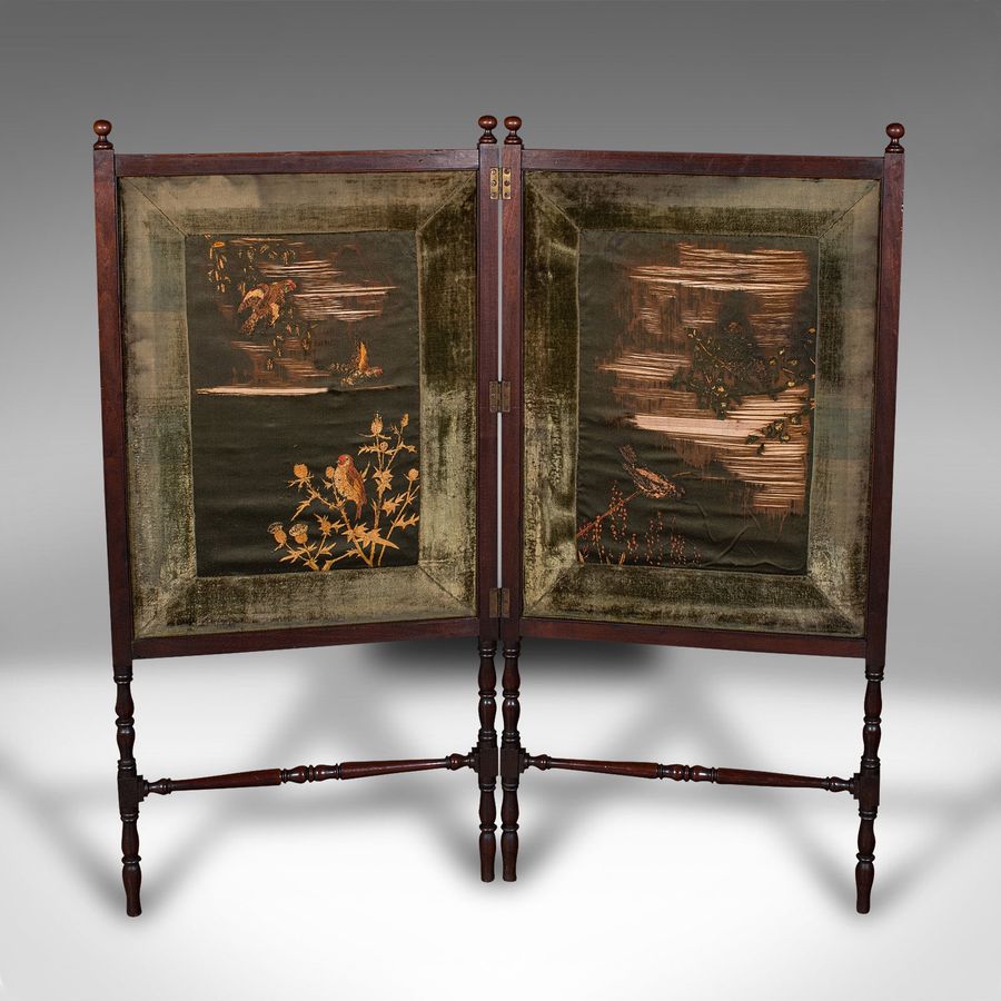 Antique Antique Bi-fold Decorative Screen, English, Walnut, Silk, Divider, Victorian