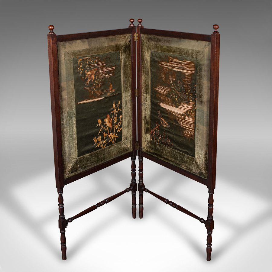 Antique Antique Bi-fold Decorative Screen, English, Walnut, Silk, Divider, Victorian