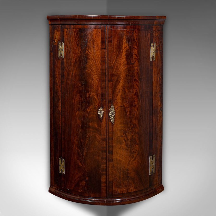 Antique Antique Bow Front Corner Cabinet, English, Flame, Wall Cupboard, Georgian, 1780