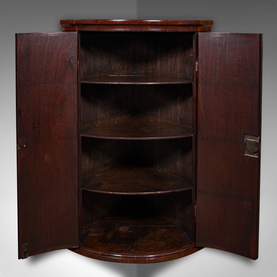 Antique Antique Bow Front Corner Cabinet, English, Flame, Wall Cupboard, Georgian, 1780