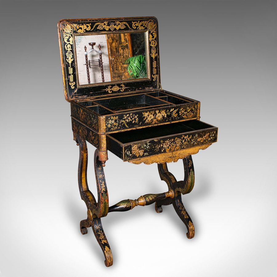 Antique Antique Sewing Table, English, Lacquered, Handpainted, Japanned, Victorian, 1880